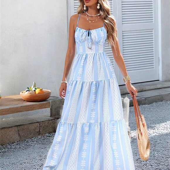 Blue Boho Women's Woven Print Spaghetti Strap Long Dress - Picture 4 of 6
